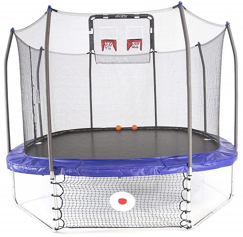 square trampoline with basketball hoop