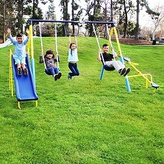 Kids Metal Swing Set Combo With Trampoline Attached And Slide